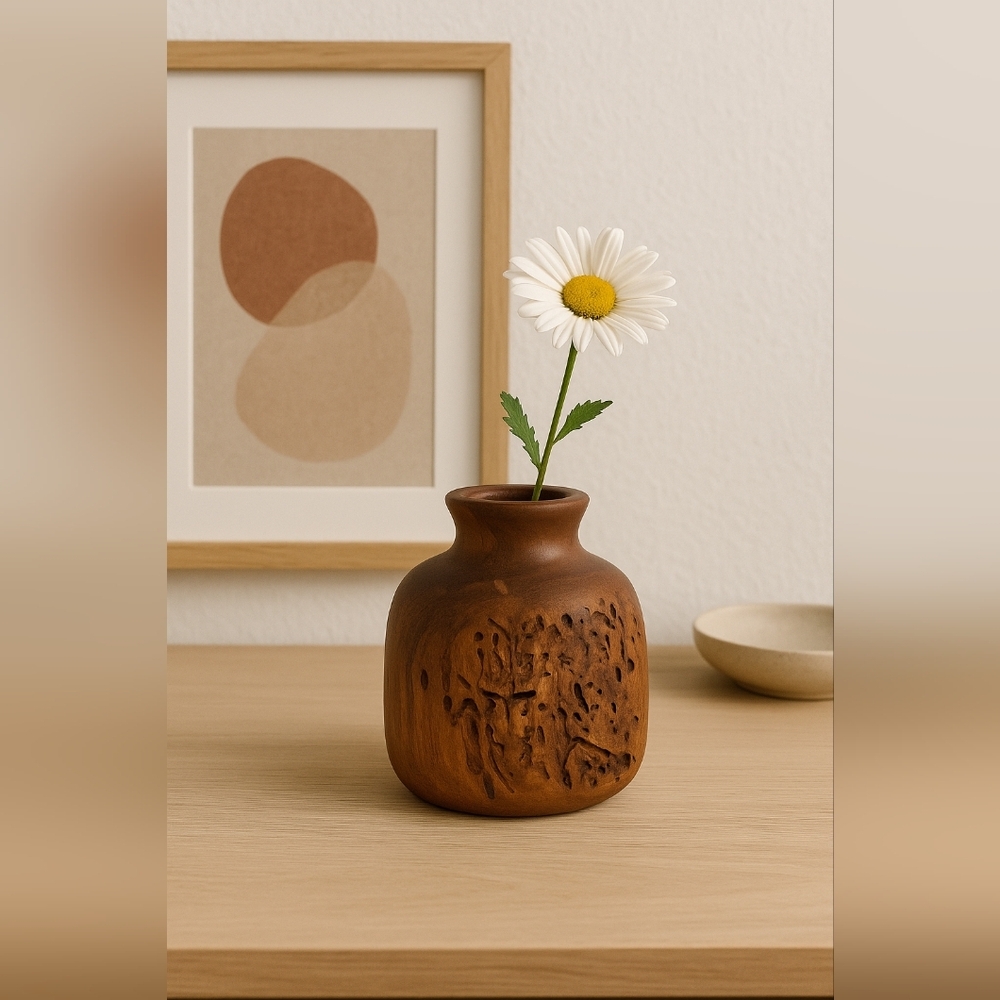 Artisan Carved Burl Wood Bud Vase Vintage Rustic Decor Natural Wood Grain Textur